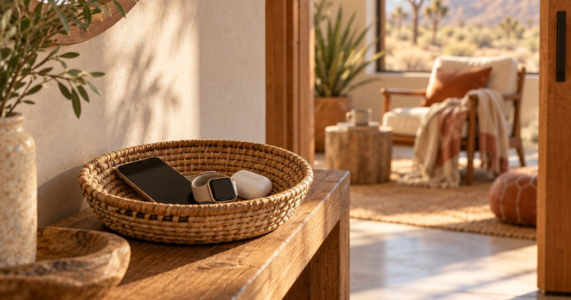 A phone, smartwatch and earbuds left in a woven basket by the door, with a calm reading chair beyond