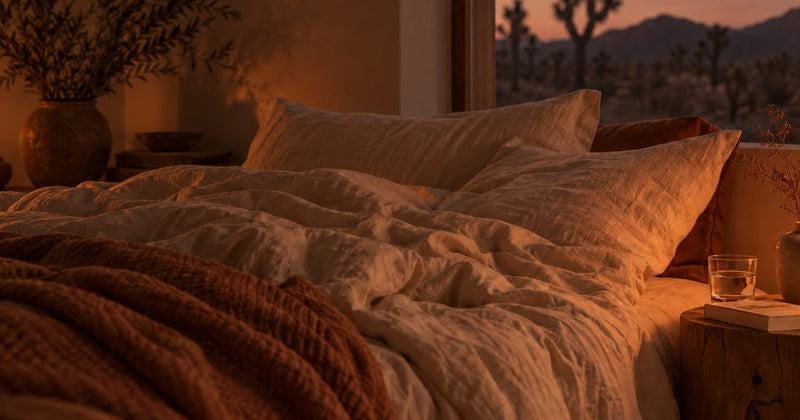 A cozy bedroom at dusk lit by a warm red-amber glow, with linen bedding and a glass of water on the nightstand
