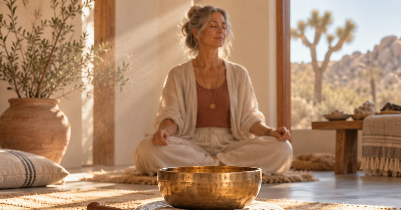A brass singing bowl on a linen cushion, with a woman meditating in soft morning light behind it