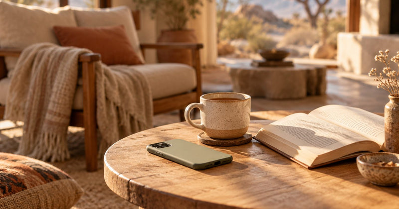 A phone set face-down on a wooden table beside a mug of tea and an open book, in a sunlit desert living room
