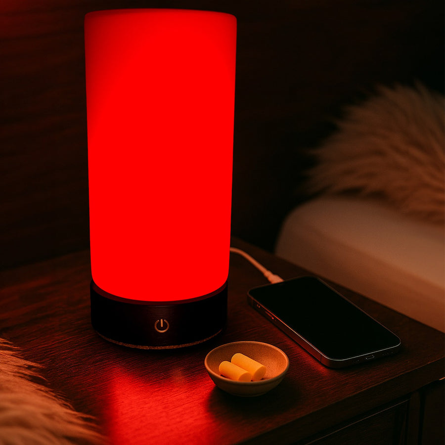 RŪBI glowing red on a bedside table, power button visible on the base